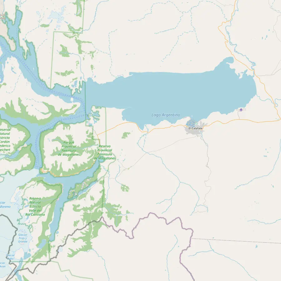 Map of Lago Argentino from El Calafate and its airport to the Perito Moreno walkways and Brazo Rico