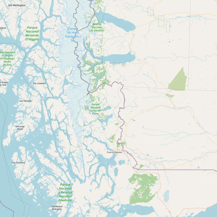 Map of southern Patagonia from Puerto Natales in Chile to El Calafate and the Perito Moreno glacier