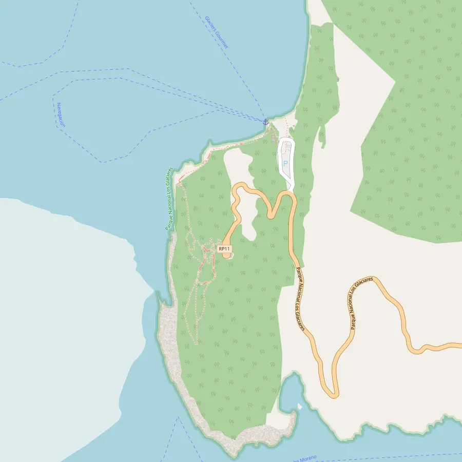 Map of the Magellan peninsula with the walkway balconies, the car park and the bus stop facing the Perito Moreno glacier